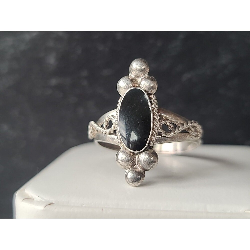 925 Sterling Silver Faux Onyx Scrolled Rope Statement Ring Size US 9.75 Vintage